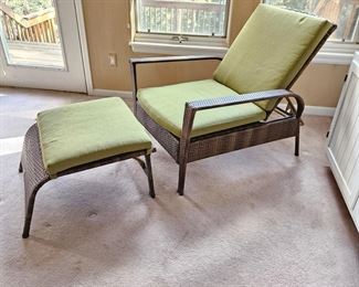  Like New Wicker Outdoor Lounge Chair with Foot Rest and Green Cushions - Martha Stewart Living Brand