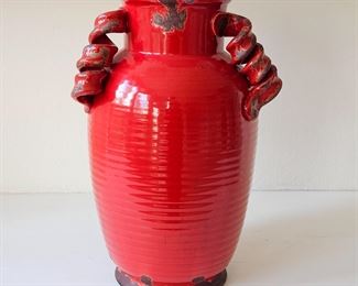 Tall Whimsical Red Glazed Pottery Vase Stands 16" Tall with a 11" Diameter with 3 Spiral Handles / Accents