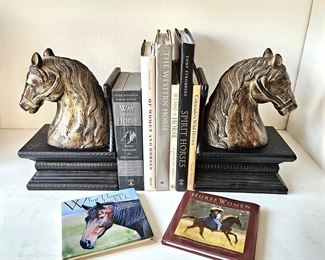 Set of Eight Books on Horses (Two are Coffee Table Books) with a Pair of Horse Head Bookends Blk / Gold