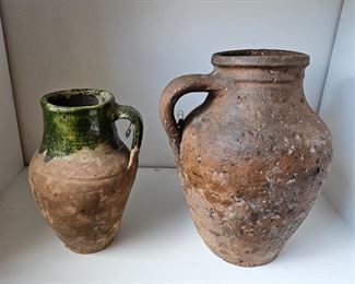 Set of Two Very Old Looking Partially Glazed Pottery Jugs / Pitchers - Rustic - 9" & 11" Tall