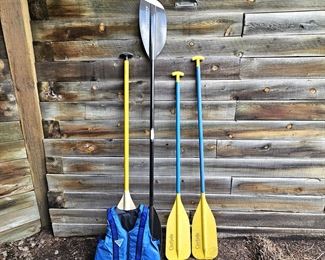 Set of Three Boat Oars, One Kayak Oar and Adult Small Life Vest 