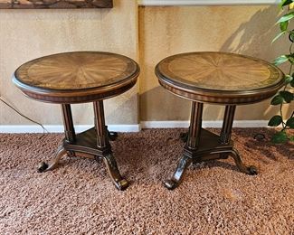 Set of Two Ornate Round End Tables with Decorative Mixed Wood Tone Inlays / Column Base & Three Legs