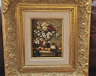 Small Oil on Canvas w/ Thick Gilded Frame - Colorful Flower Bouquet - Artist Unknown - From Nieman Marcus