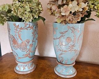 Set of Two Partially Glazed Pottery Vases in Light Teal Blue - 12"T Each - Floral Included