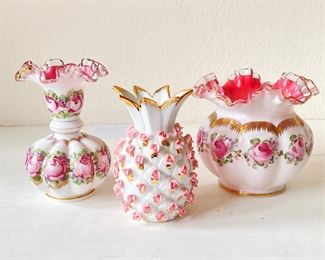 Fenton Ruffled Melon Charleton Peach Vases & 1940's Flowering Pineapple Vase by Lefton 