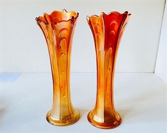 Two Mesmerizing Marigold Morning Glory Imperial Carnival Glass Iridescent Vases