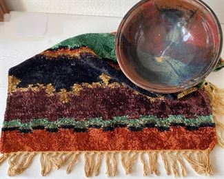 Ceramic Studio Pottery Bowl with Nebula Center- Multicolor Chenille Gabbeh Style Mat