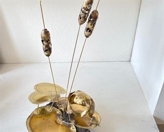 Mid- Century Modern Brass Sculpture on Black Lava Rock w/ Cattail Plants, Lilly Pads, & a Little Frog