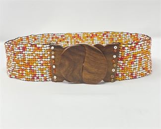 Ladies 30" Beaded Artisan Belt with Natural Wood Buckle