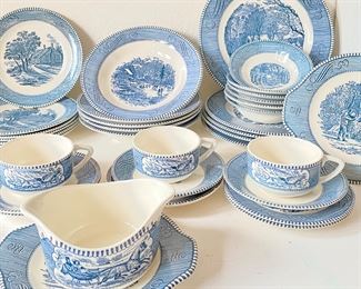 Americana Blue & White Dinner Set Underglaze Print by Currier Ives Royal China