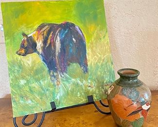 Oil Bear Painting and Vase
