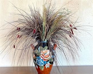 Colorful Floral Glazed Vase- Hand Painted Ceramic Pottery w/ Floral Decor- 12" Tall