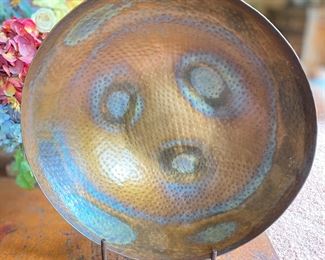 Decorative Hammered Copper Bowl on Stand with Patina - 21" Dia.