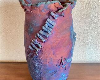 Raku Fired Sculpture in Copper Matte Glaze w/ Eye Catching Rainbow Patinas & Crackle