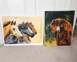 Set of Two Original Art Pieces by Homeowner - Horses 18" x 24" and Bear 16" x 20" on Art Paper