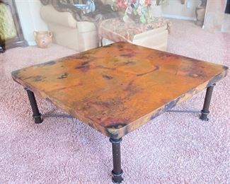 Oversized Hammered Copper Top Coffee Table w/ Iron Legs 48" x 48"