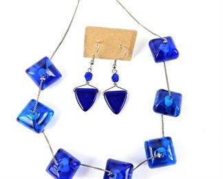  Murano Italy Blue Glass Beads on this 16" Silver Chain Necklace Plus Matching Glass Blue Earrings (Not Murano)