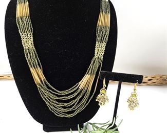 Set of Multi-Strand Beaded Necklace with Green and Gold Beads, Plus Gold Tone Drop Earrings with Green Stones