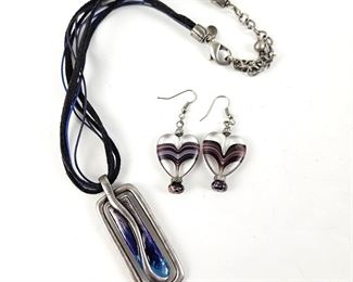 Chico's Brand Pendant Necklace Silver Tone w/ Blue & Purple Colors Plus Glass Heart Dangle Earrings w/ Purple Swirls