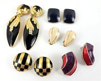  Set of Five Pairs of 1980s Colorful Enameled Clip Earrings - Assorted Colors & Styles