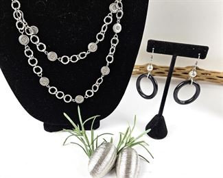 Set of Silver and Black Jewelry / Adjustable Silver Tone Necklace and Two Pairs of Earrings