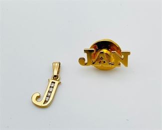 18K Gold Plated "Jan" Pin and "J" Charm with Diamonds