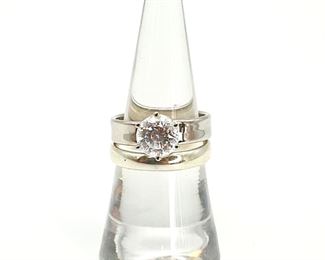 14K White Gold CZ Solitaire and Silver Band Rings