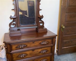 Antique Eastlake Walnut Dresser with Mirror and carved fruit drawer pulls