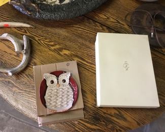 Owl dish and Lenox decor 