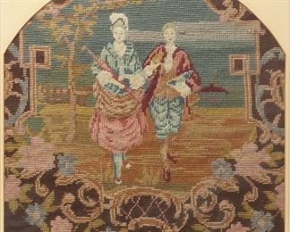         24	Framed Needlepoint	Framed needlepoint of a couple. 19" x 18 3/8" (with frame 26 7/8" x 26 1/4"). Some discoloration to mat.
