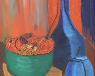         27	Signed Zabetti Oil on Panel Still Life	Oil on canvas panel, modern still life. Signed lower right Zabetti. 19 1/2" x 15 1/2" (with frame 23 7/8" x 19 3/4"). Frame separating at corners, painting loose in frame.
