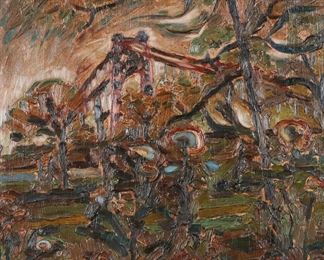         25	Peter K. Duncan Oil on Panel Palisades	Peter K. Duncan (American, New Jersey, 1945-). Oil on panel, The Bridge From Palisades. Signed and dated 1981 lower right and signed, titled and dated on verso. 29 1/2" x 21 1/2" (with frame 32 1/4" x 24 1/2").
