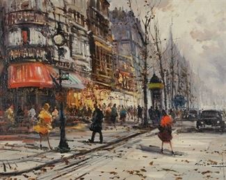         29	Impressionist Oil on Canvas Paris Street Scene	Impressionist oil on canvas, Paris street scene. Signed illegibly lower right. 26 1/2" x 38 1/2" (with frame 32 1/2" x 44 1/2"). Small hole at center next to street lamp.
