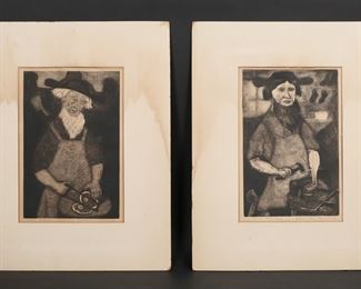         32	2 Newswanger Aquatints Amish Butcher & Shoemaker	Kiehl Newswanger (American, 1901-1980) and Xtain Newswanger (American, 1900-1980). 2 etchings with aquatint, Amish Shoemaker and Amish Butcher. Both titled and signed Kiehl & Xtain Newswanger in pencil. Butcher 12 3/8" x 8 1/2" (with mat 20" x 16"), Shoemaker 12 1/2" x 8 1/2" (with mat 20" x 16"), Warping, waviness to paper, staining and discoloration to both sheets and mats, large tear through Shoemaker near hands, mats torn and creased throughout.
