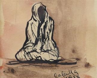         31	Watercolor Seated Figure	Watercolor of a seated figure. Signed illegibly, titled Calcutta and dated 1959. 3 3/8" x 2 3/4" (with frame 14 1/8" x 13 1/2"). Creases lower left, minor losses to gilt decoration on frame.
