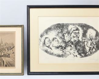         33	2 Piece Art Lot Chaim Gross & Lucy Garnot	2 piece art lot. Chaim Gross lithograph, Lighting Sabbath Candles, signed, titled and numbered 37/100 in pencil in the lower margin, 16" x 21 7/8" (with frame 23 1/2" x 29 1/2"); Lucy Garnot etching, Paris cityscape, signed in the plate and pencil signed lower right, 12 1/2" x 7 5/8" (with frame 17" x 13"). Mat burn visible on Gross, Discoloration to mat on Garnot.
