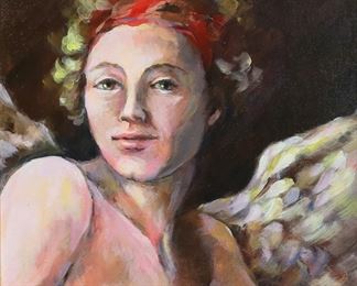         35	Signed Espinosa Oil on Panel Angel del 2000	Oil on canvas panel, portrait of a woman, Angel del 2000. Signed Espinosa and dated 79 lower right and signed and titled on verso. 17 1/2" x 13 1/2" (with frame 24 1/4" x 20 1/4").
