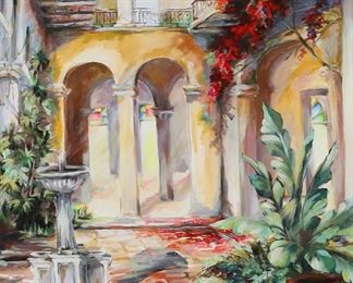         36	Signed Espinosa Oil on Canvas La Casa Varia	Oil on canvas, courtyard, La Casa Varia. Signed lower right Espinosa and dated 000, and inscribed, titled and dated on verso. 35 1/2" x 23 1/2" (with frame 41 1/2" x 29 1/2").
