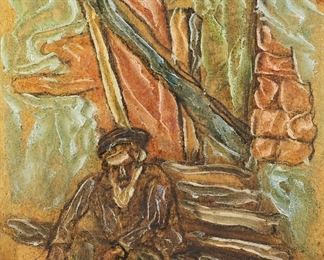         40	Isaac Amitai Oil on Board Resting Man in Safed	Isaac Amitai (Israel, 1907-1984). Oil on board, A Resting Man in Safed. Signed lower left, and titled with additional info on verso. 18 3/4" x 13 1/4" (with frame 21" x 15 1/4"). Minor losses to frame.
