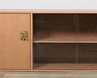         44	Hollywood Regency Chinese Style Wall Cabinet	"Hollywood Regency Chinese style hanging wall cabinet. 20th century. Two sliding glass doors, door with Chinese character-form door pull, two shelves. French cleave and four screws for wall mounting are provided. Long scratch to wood on top of cabinet. Small chip to wood on back right corner on top of cabinet. Dent to wood on top of cabinet. Light scuffs and wear to glass. 

60"" W x 14"" D x 24"" H. 75 lbs."
