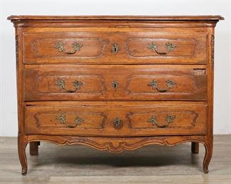         54	18th Century French Provincial Chest of Drawers	"French Provincial chest of drawers. 18th century. Serpentine form, bronze pulls and escutcheons, incised and carved sides. Refinishing throughout entire chest. Staining, scratches, scuffs, and wear throughout wood on top of chest. Chips and loss to wood on top molding on center of chest. Large loss to wood on top right corner of second drawer. Long split to wood on left side of chest. Chips on losses to wood on feet of chest. Split and crack to wood on bottom right corner on lowest drawer and on bottom left corner on second drawer. Drawer pulls are slightly loose. Second and third drawers do not close completely flush. Repairs to wood on center of apron and corners of drawer fronts.

51"" W x 23 1/8"" D x 38 1/4"" H. 150 lbs."
