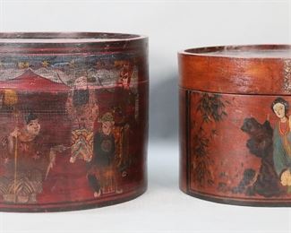         85	2 Wooden Chinese Food Boxes	2 bentwood Chinese lidded food / pantry boxes. Each with hand painted figural scenes. 10 3/4"H x 14 7/8"-diameter and 9 3/4"H x 12 3/4"-diameter. Both with scratches and losses to lacquer, minor losses to painted decoration.
