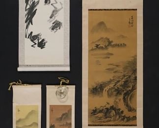         86	4 Chinese Scrolls	"4 Chinese scrolls. After Qi Bashi ""Frogs"" printed scroll, signed in the print with inscription and red seal upper left and two red seals in the lower margin, image 28"" x 9 1/2"" (total 30 3/4"" x 12 1/2""); Chi Ngai landscape scroll on silk, signed with inscription and red seal upper right, image 28 1/2"" x 12"" (total 49"" x 15""); Chi Ngai landscape scroll on silk, signed with inscription and red seal upper left, image 5 1/2"" x 15"" (total 23 3/4"" x 6 3/4""); Pak Jen fisherman in landscape on silk, signed upper left with inscription and red seal, image 14 3/4"" x 5 1/2"" (total 23 3/4"" x 7"").

Qi Bashi scroll with staining, discoloration and foxing throughout, tear along edge and creases throughout; larger Chi Ngai silk landscape scroll staining to fabric in margins, creasing and waviness throughout, wooden roller missing from top and detached (piece present) at bottom, tears and fraying along edges; tear to Pak Jen scroll."
