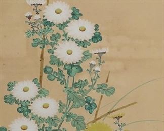         89	Chinese Painting on Silk	Chinese painting  on silk, bird and flowers. Signed lower left with inscription and red seal. 51 1/4" x 20 3/4" (with frame 52 3/4" x 22 1/4"). Foxing and staining throughout.
