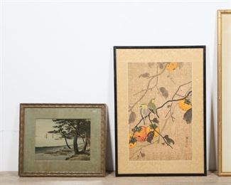         91	4 Piece Chinese Art Lot	4 piece Chinese art lot. Embroidery, boats in landscape, 7 3/4" x 10 1/8" (with frame 13 1/2" x 16"); painting on silk, landscape, signed with inscription and red seal, 23 1/4" x 9 1/4" (with frame 30 1/8" x 15 1/8"); painting on fabric, birds and fruit, 18" x 11 3/4" (with frame 23 3/4" x 16 3/4"); scroll on paper, flowers, signed with inscription and two red seals, 45 1/2"L. Hole on right side of image on birds painting, discoloration to mat on painting on silk, some foxing and staining to scroll.
