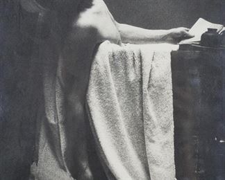         93	Max Waldman Photo Print Bather	Max Waldman (American, New York, 1919-1981). Photograph, man in bathtub. Max Waldman labels on verso. Photo 9 1/2" x 7 5/8" (with frame 9 1/8" x 11 1/4"). Chips to glass along edges.
