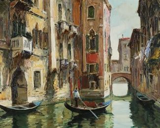         94	Gino Salviati Oil on Canvas Venetian Canal Scene	Gino Salviati (Italy, 1911-1998). Oil on canvas Venice. Signed lower left and signed and titled Rio S Antonio on verso. 22 1/2" x 46 1/2" (with frame 29 1/4" x 53 1/4").
