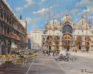         95	Impressionist Oil on Canvas Venetian Street Scene	Impressionist oil on canvas, Venetian street scene, St. Mark's Square. Signed illegibly lower right. 26 1/2" x 38 1/2" (with frame 33 1/4" x 45 1/4"). Crazing throughout, chips to frame.
