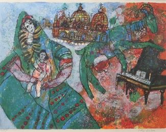         96	Theo Tobiasse Lithograph Maternite ou une Chevre	Theo Tobiasse (France, 1927-2012). Lithograph, Maternite ou une chevre a Venise. Pencil signed lower right and numbered in pencil 27/175 lower left. 20 3/4" x 27" (with frame 28 1/4" x 34 1/4").
