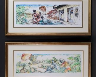         99	2 Signed Espinosa Pen & Ink and Watercolors	2 pen & ink and watercolors. Reclining nude, figures under umbrella. Both signed Espinosa lower right, reclining nude dated 99. Each 8 1/2" x 23" (with frame 14 5/8" x 29 1/4").
